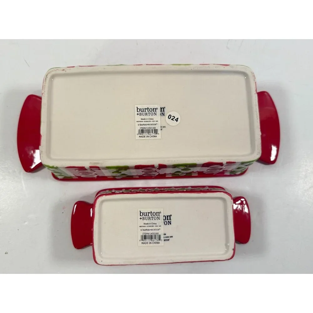 Baking Loaf Pans Stoneware Burton + Burton Christmas Red Green Polka Dots NEW